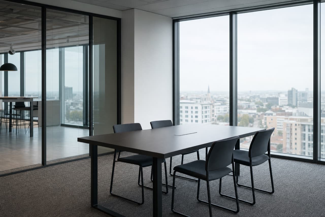An empty meeting room with a plain table and a full-height window looking over a city.