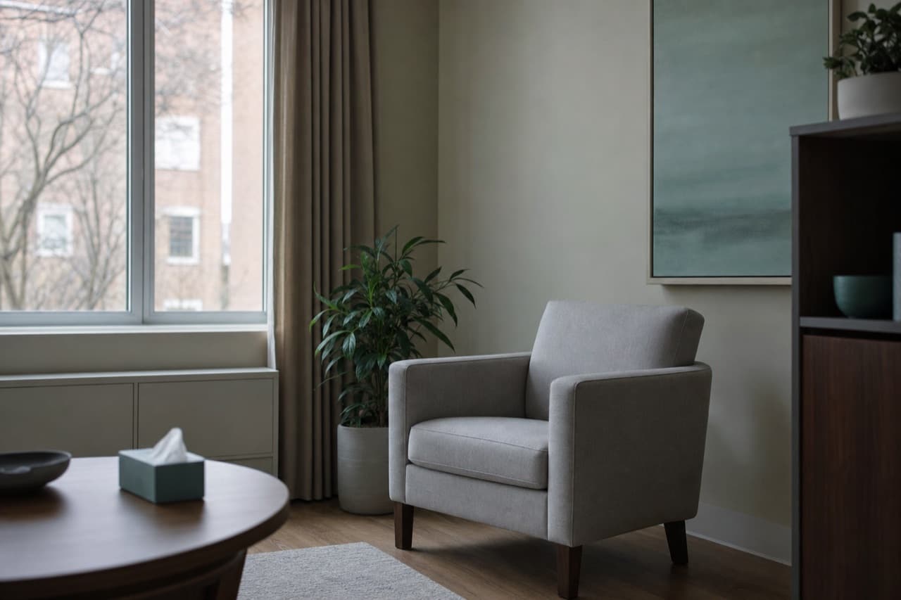 A quiet consulting room with a single armchair beside a tall window.