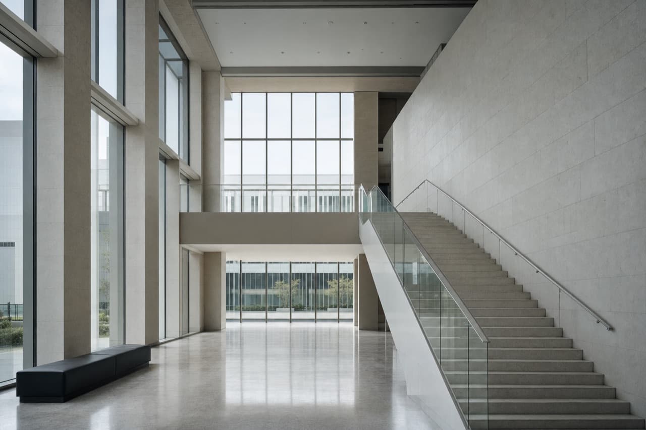 A quiet double-height atrium in stone and glass, daylight falling across an empty floor.