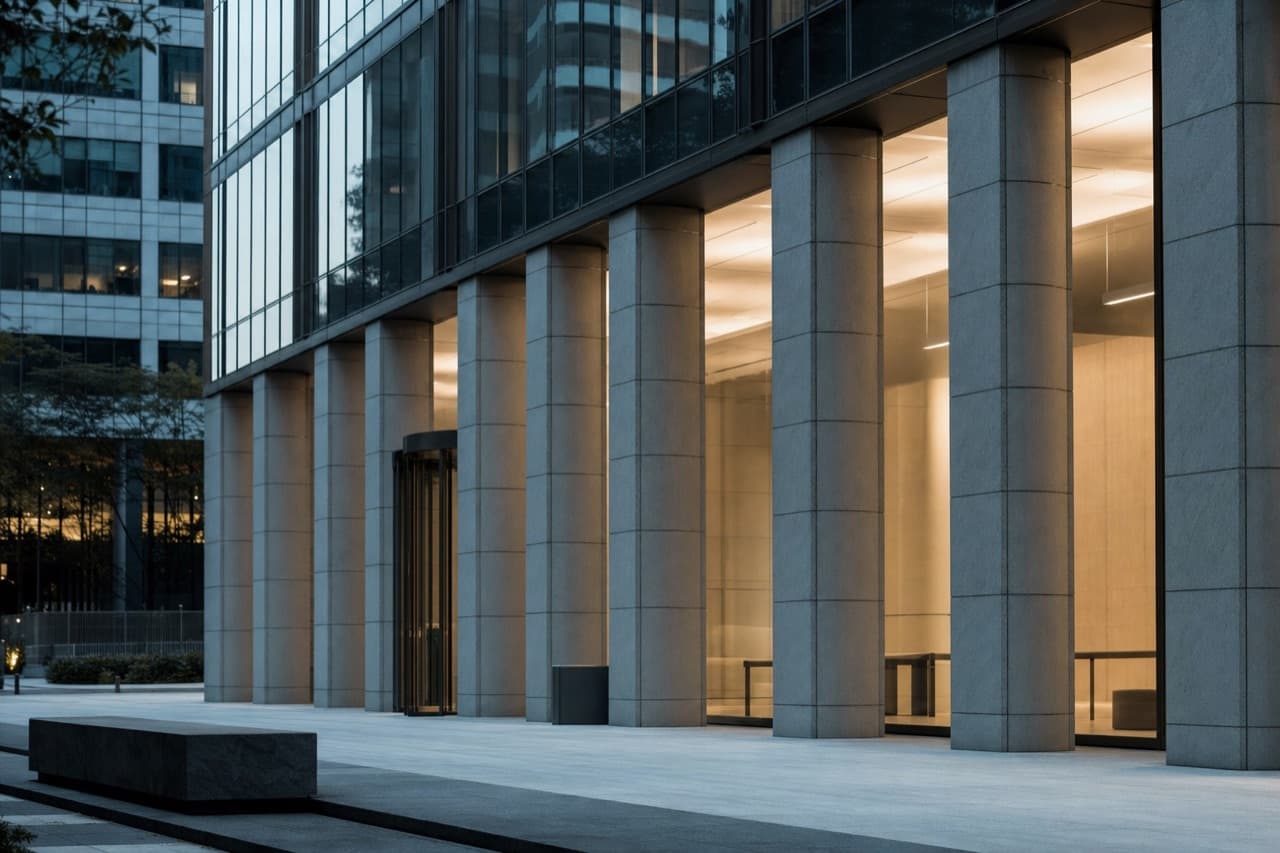 The colonnaded lower facade of a financial institution at dusk, lobby lit within.