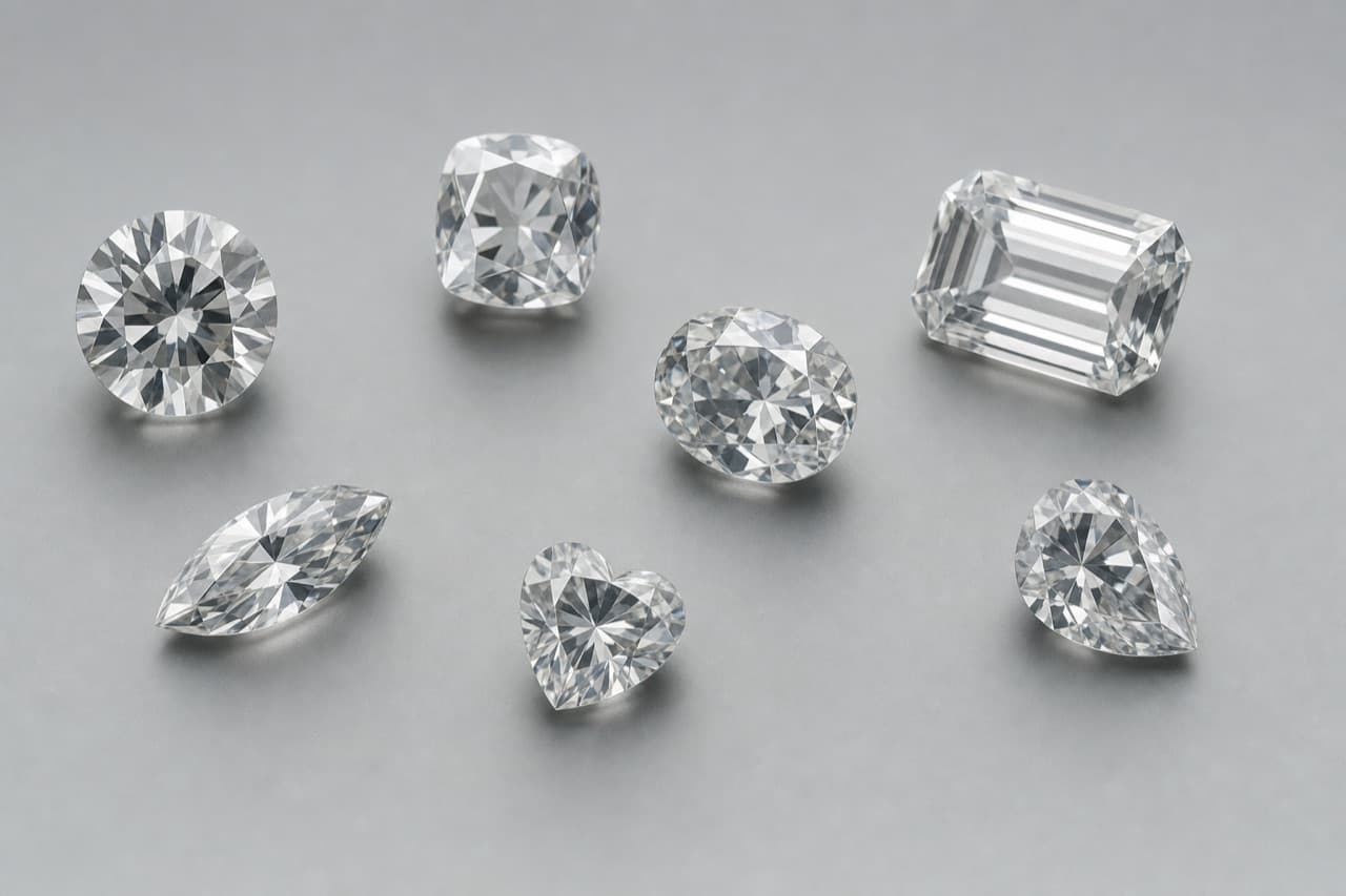 Cut and polished colourless gemstones arranged on a matte grey surface.
