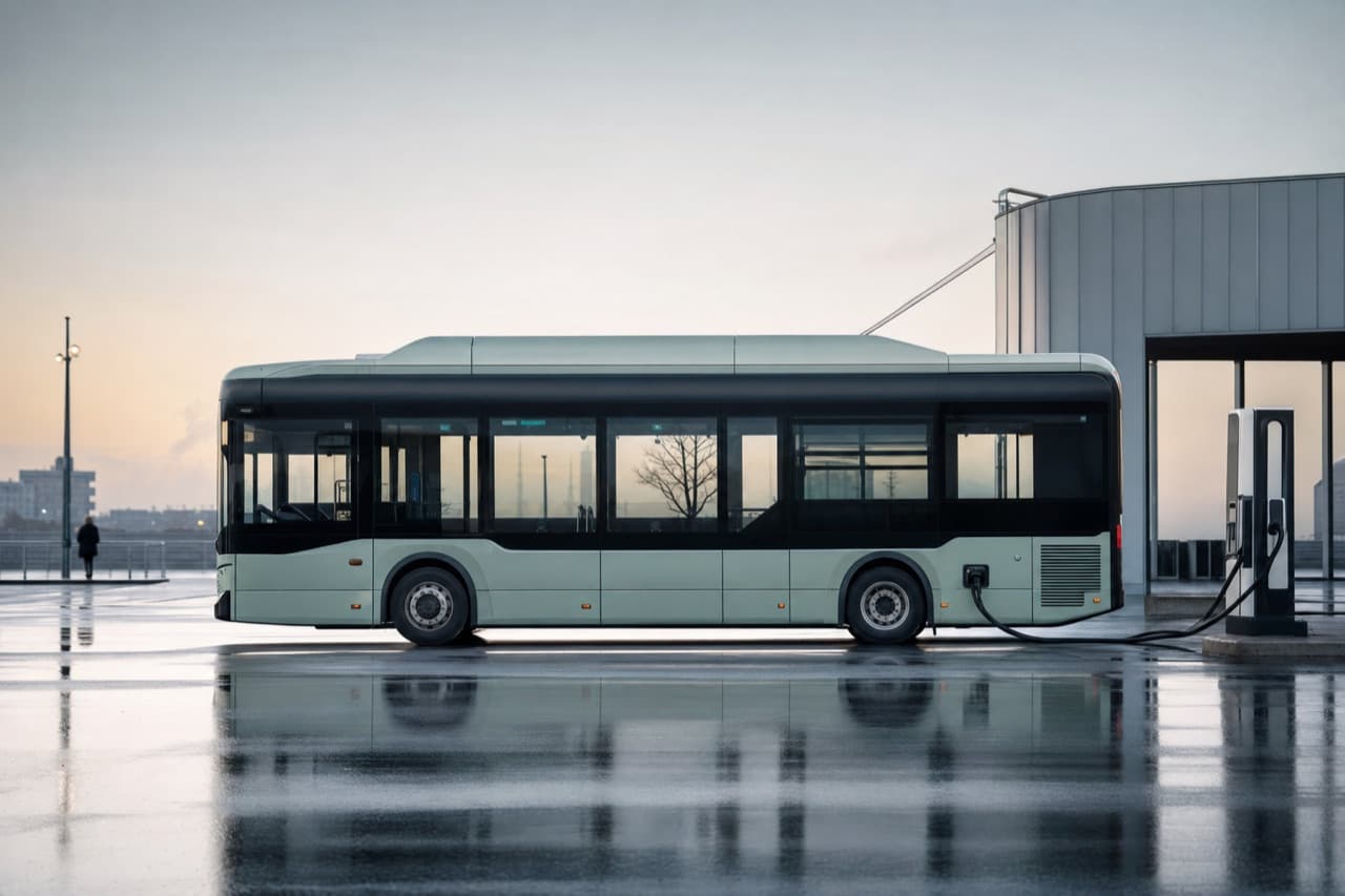 An electric city bus in profile at a charging point on an open forecourt at dawn.