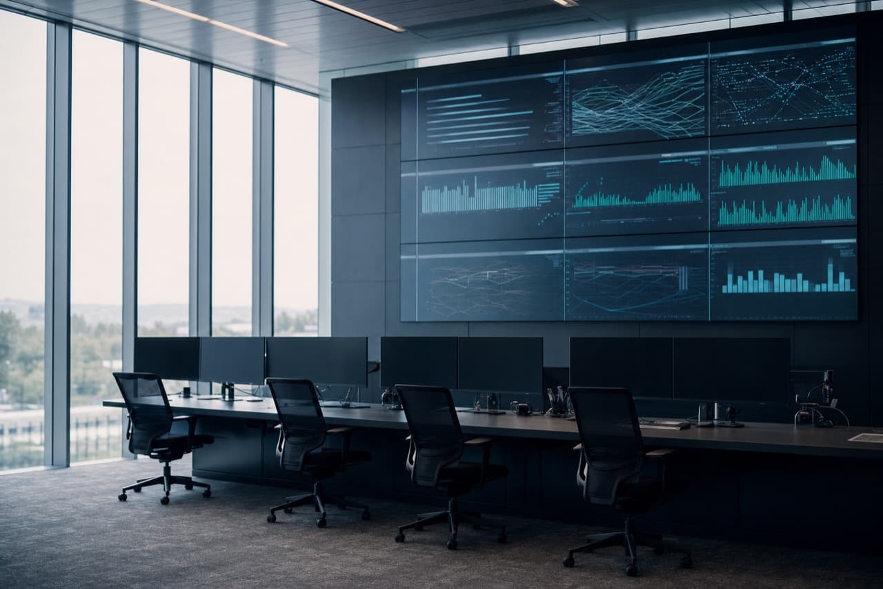 An empty network operations room, monitors facing a wall of large displays.