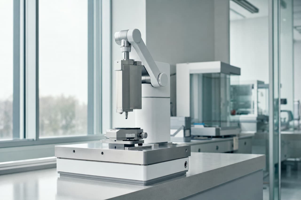 A precision medical device on a laboratory bench under soft, even light.