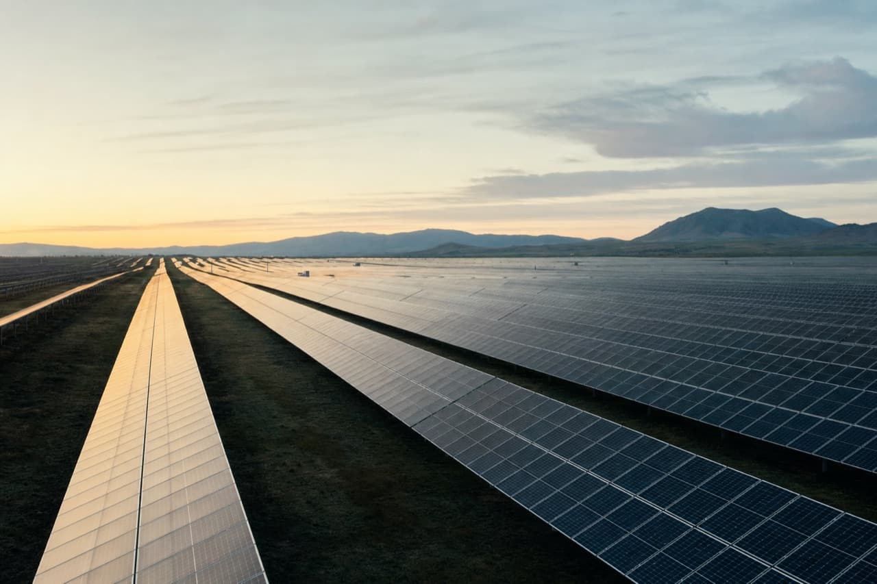 Long parallel rows of solar panels running towards distant hills at sunrise.