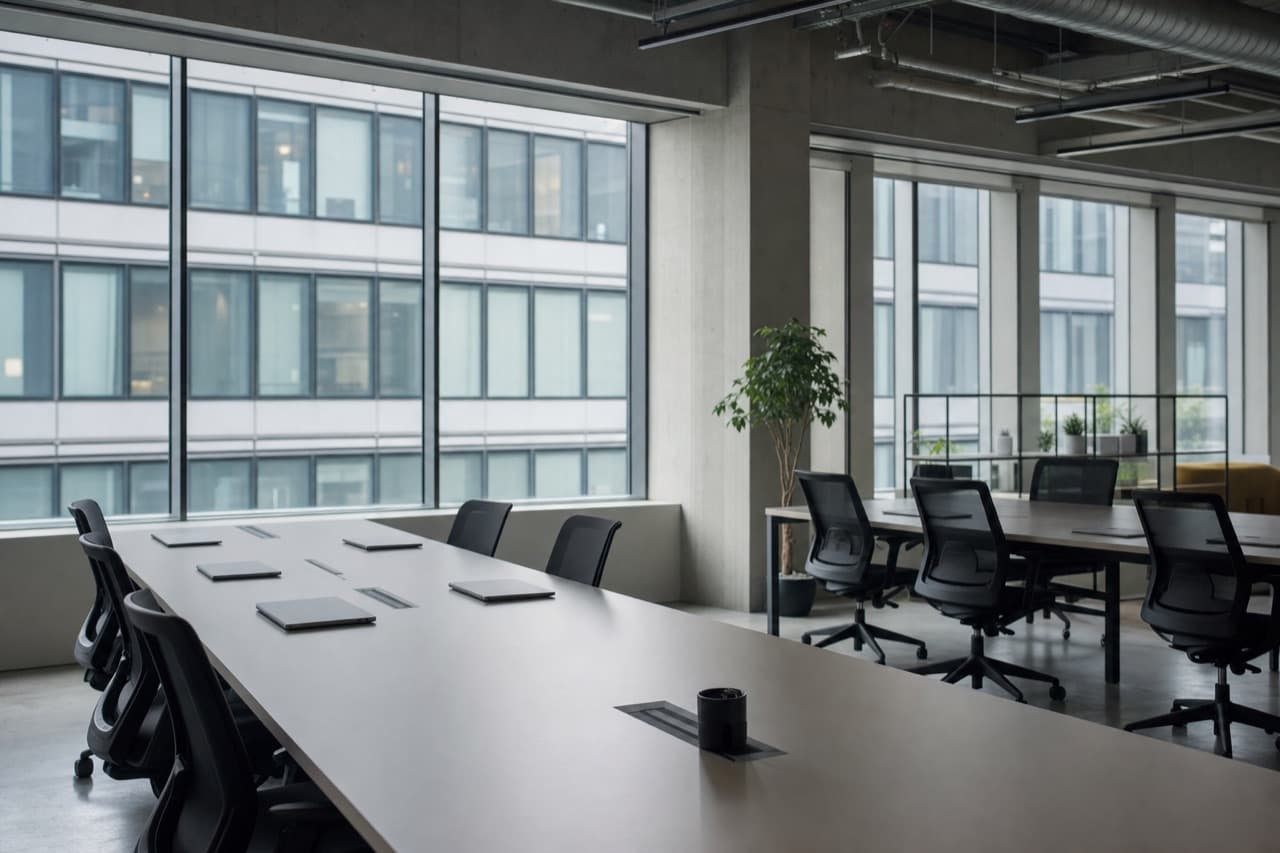 An empty shared workspace early in the morning, closed laptops along long desks.