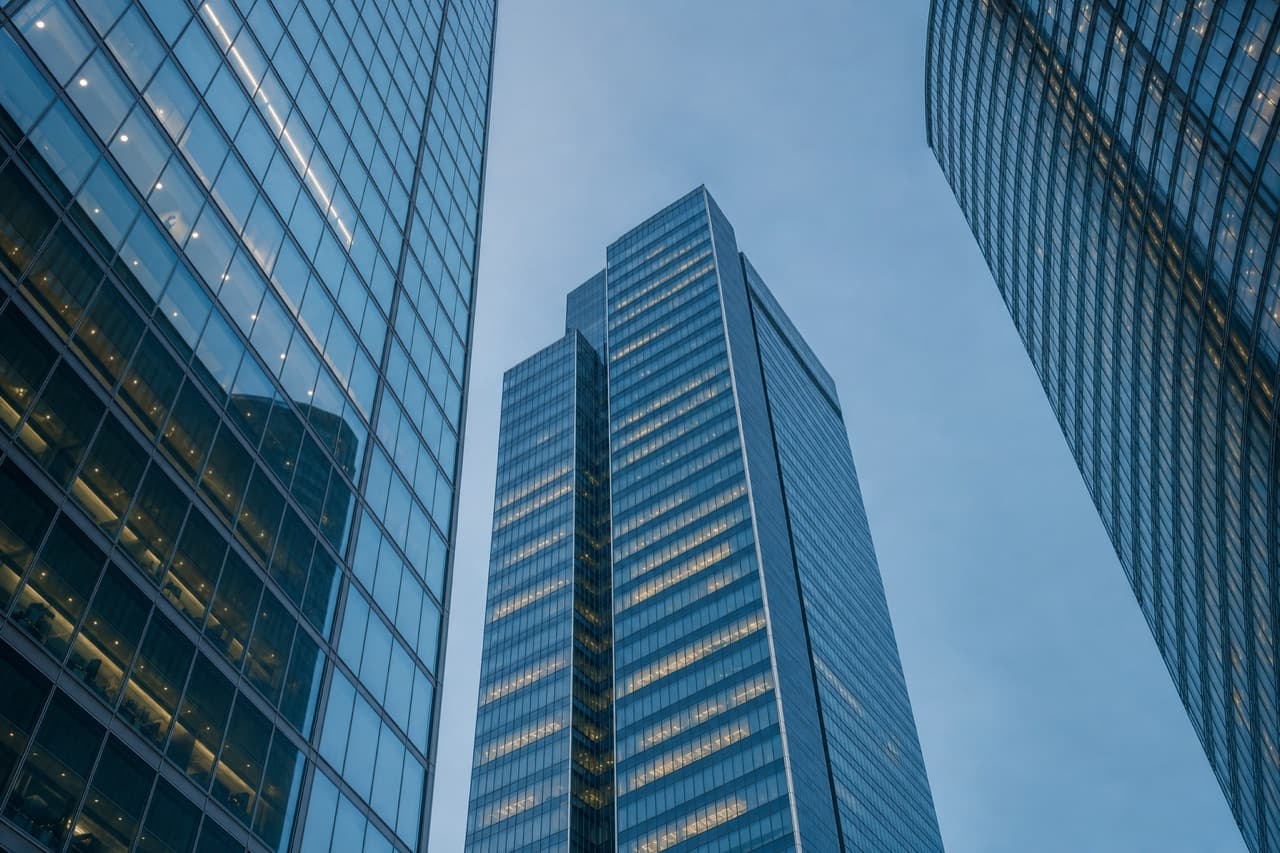 Financial district towers seen from street level at blue hour, lit floors forming a grid.